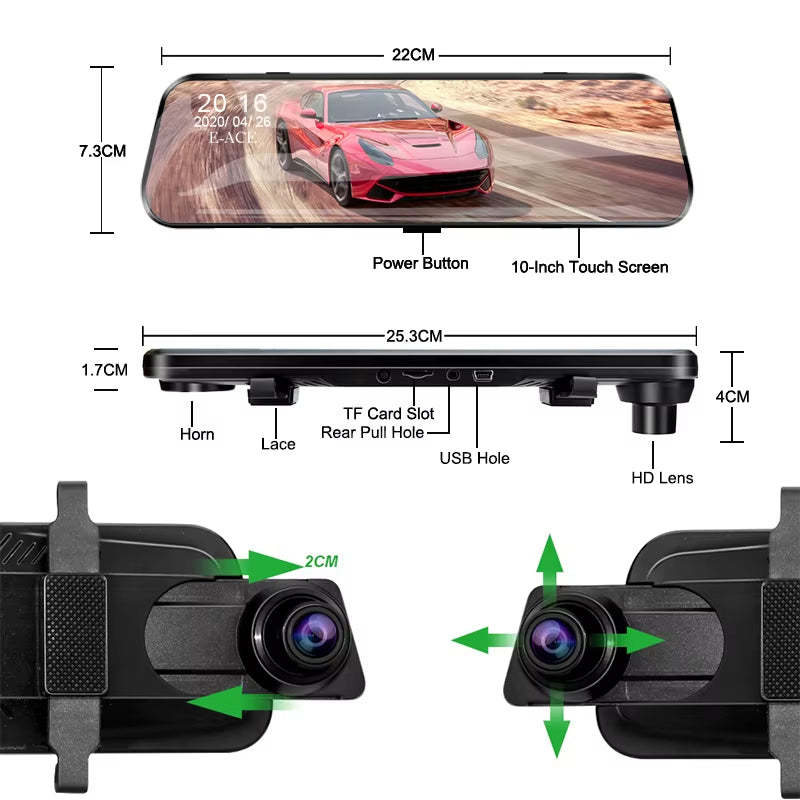 Car Dvr 10 Inch Touch Screen Video Recorder Auto Registrar Stream Mirror Support Rear View Camera Night Vision Dash Cam