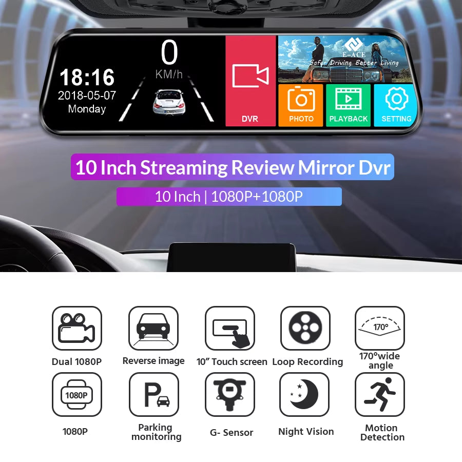 Car Dvr 10 Inch Touch Screen Video Recorder Auto Registrar Stream Mirror Support Rear View Camera Night Vision Dash Cam